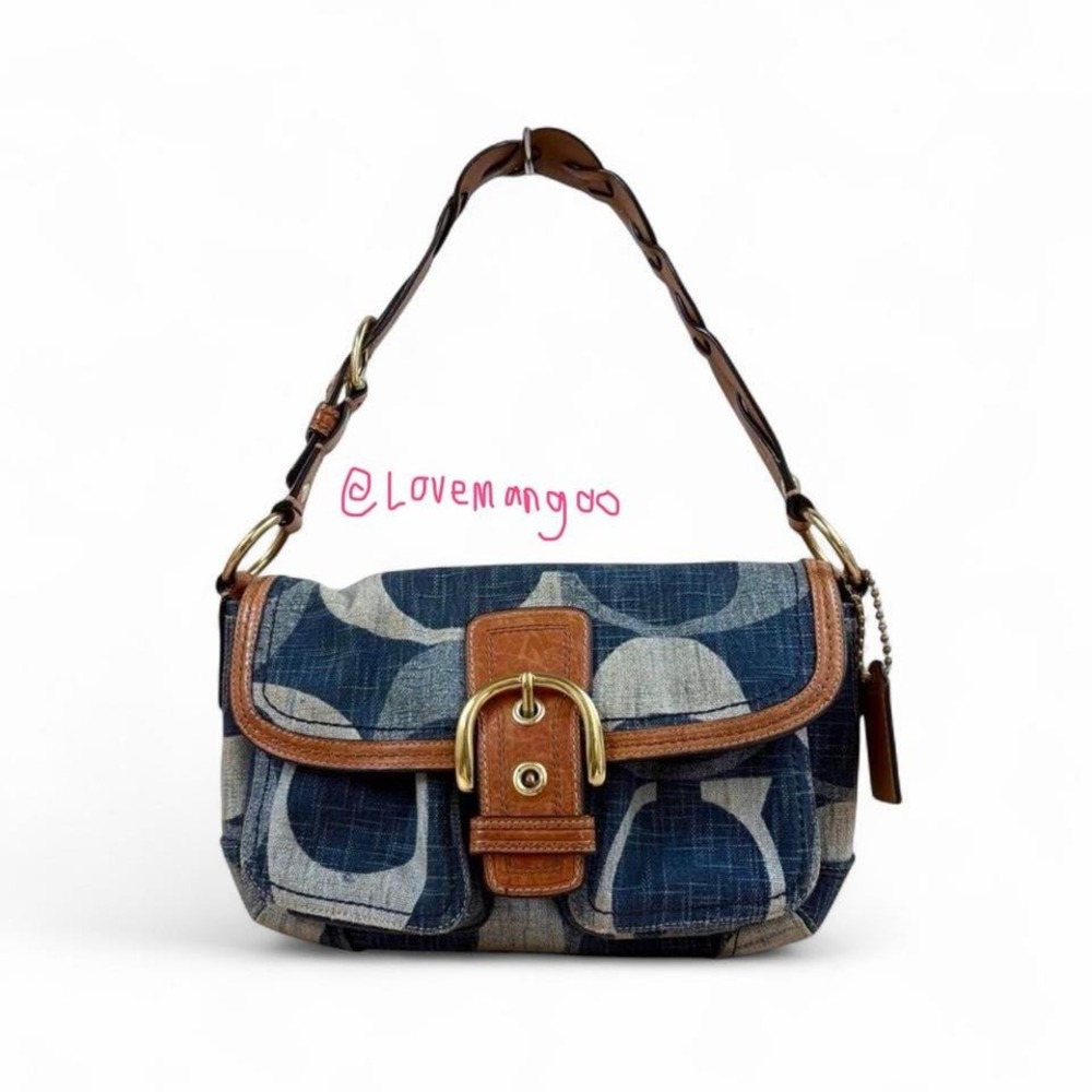 Coach Mega Signature Denim Soho  Shoulder Bag Indigo Brown Leather